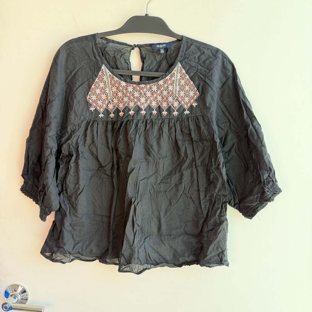 Madewell Starflower Shirred Peasant Top in Black